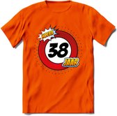 38 Jaar Hoera Verkeersbord T-Shirt | Grappig Verjaardag Cadeau | Dames - Heren | - Oranje - 3XL