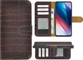 Hoesje Oppo Find X3 Lite - Bookcase - Oppo Find X3 Lite Wallet Book Case Echt Leer Croco Kastanjebruin Cover