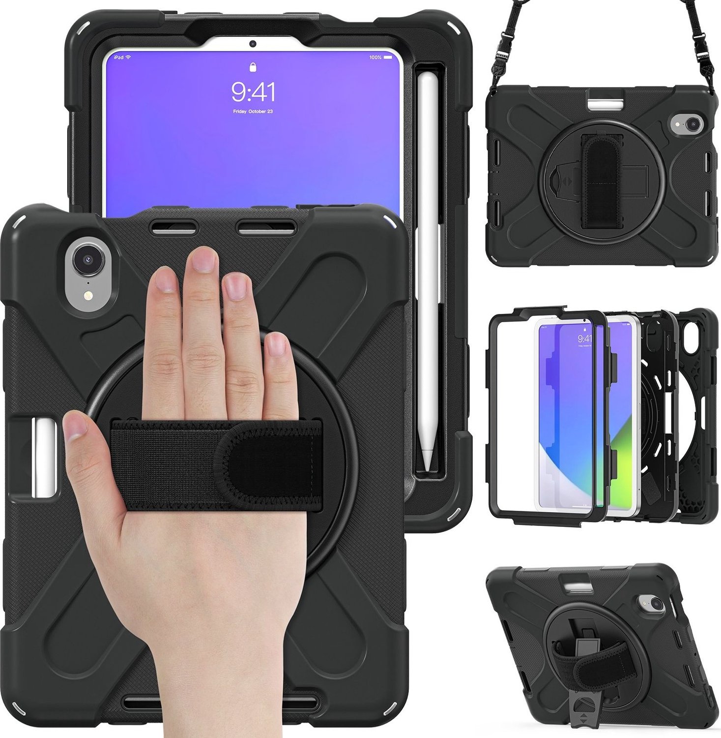 Mobigear SureGrip XGuard Tablethoes geschikt voor Apple iPad Mini 6 (2021) Hardcase Backcover + Stylus Houder + Schouderband + Standaard - Zwart