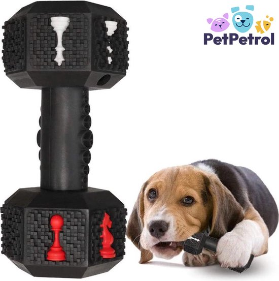 PetPetrol - Honden speelgoed -Dumbbell -Geschikt voor kleine en middelgrote honden- Tanden schoonmaken- Kauwen- Haltervorm- Zwart- Natuurrubber met Baconsmaak