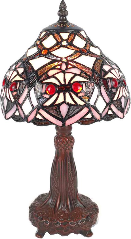 LumiLamp Tiffany Tafellamp Ø 20x37 cm Paars Wit Kunststof Glas Tiffany Bureaulamp