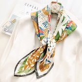 Kleurrijke Dames sjaal - Nieuw Retro veer print, Beige- 100% Zijde touch 90X90 CM  - Omslagdoek - Voor vrouwen cadeau sjaal