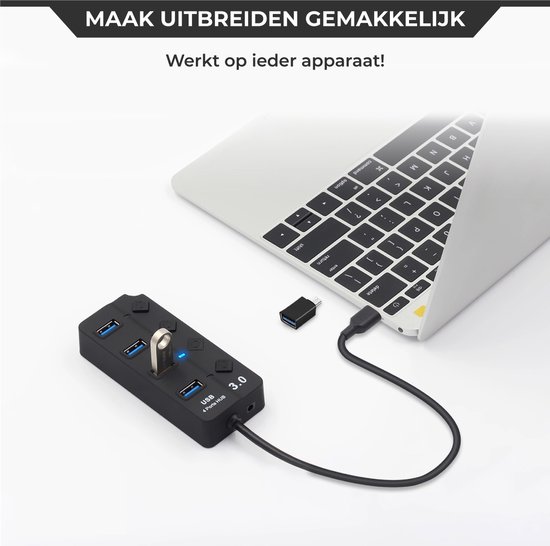 Nuvance - USB Hub 4 in 1 met USB-C Converter - Inclusief Aan Uit Schakelaar - USB C Hub 3.0 Adapter - USB Splitter - USB Hub met Voeding - Laptop en PC – Zwart