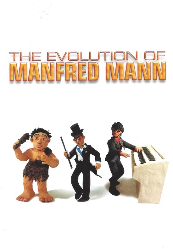 Drie kleifiguren van "The Evolution Of Manfred Mann": een holbewoner, een man in smoking met toverstaf, en een man die piano speelt.