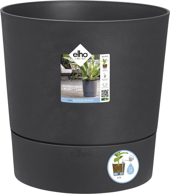 Elho Greensense Aqua Care Rond 35 - Bloempot voor Binnen met Waterreservoir - 100% Gerecycled Plastic - Ø 34.5 x H 34.1 cm - Houtskoolgrijs