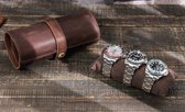 Leren(rund) bruine Horloge Box met 3 Sleuven - Retro Horloge Houder - Echt Leder - Bruin
