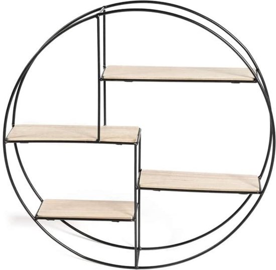 Industrieel Wandrek, Zwarte Wandplank, Hout en Metalen Kruidenrek, Moderne Wanddecoratie, Ronde Muurrek voor Woonkamer, Slaapkamer, Keuken, 55 x 11 x 55 cm