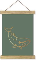 Textiel poster - schoolplaat - lijntekening - walvis - goudlook walvis – wanddecoratie – groen - 50x70 cm – incl ophangsysteem
