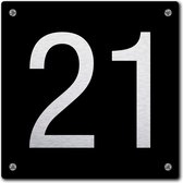 Huisnummerbord - huisnummer 21 - zwart - 12 x 12 cm - rvs look - schroeven - naambordje - nummerbord  - voordeur