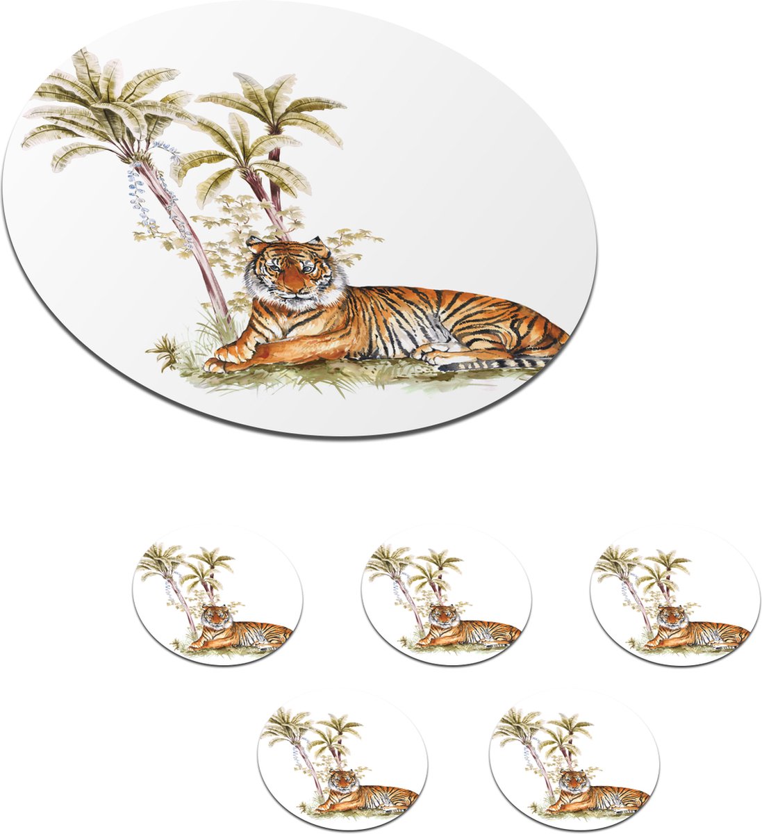 Onderzetters voor glazen - Rond - Tijger - Boom - Ogen - 10x10 cm - Glasonderzetters - 6 stuks