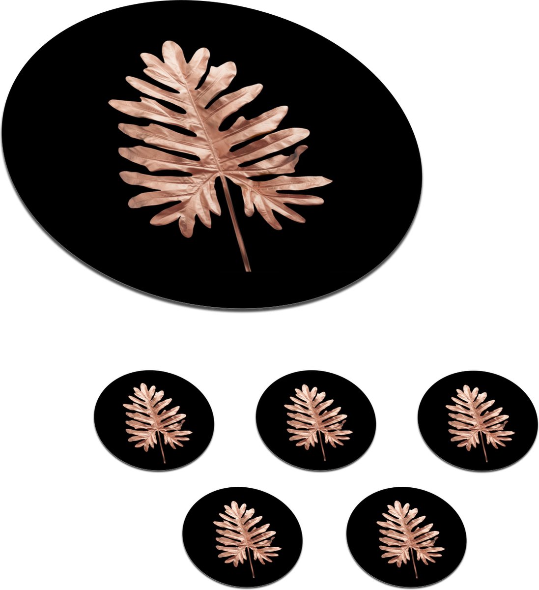 Onderzetters voor glazen - Rond - Goud - Roze - Blad - 10x10 cm - Glasonderzetters - 6 stuks