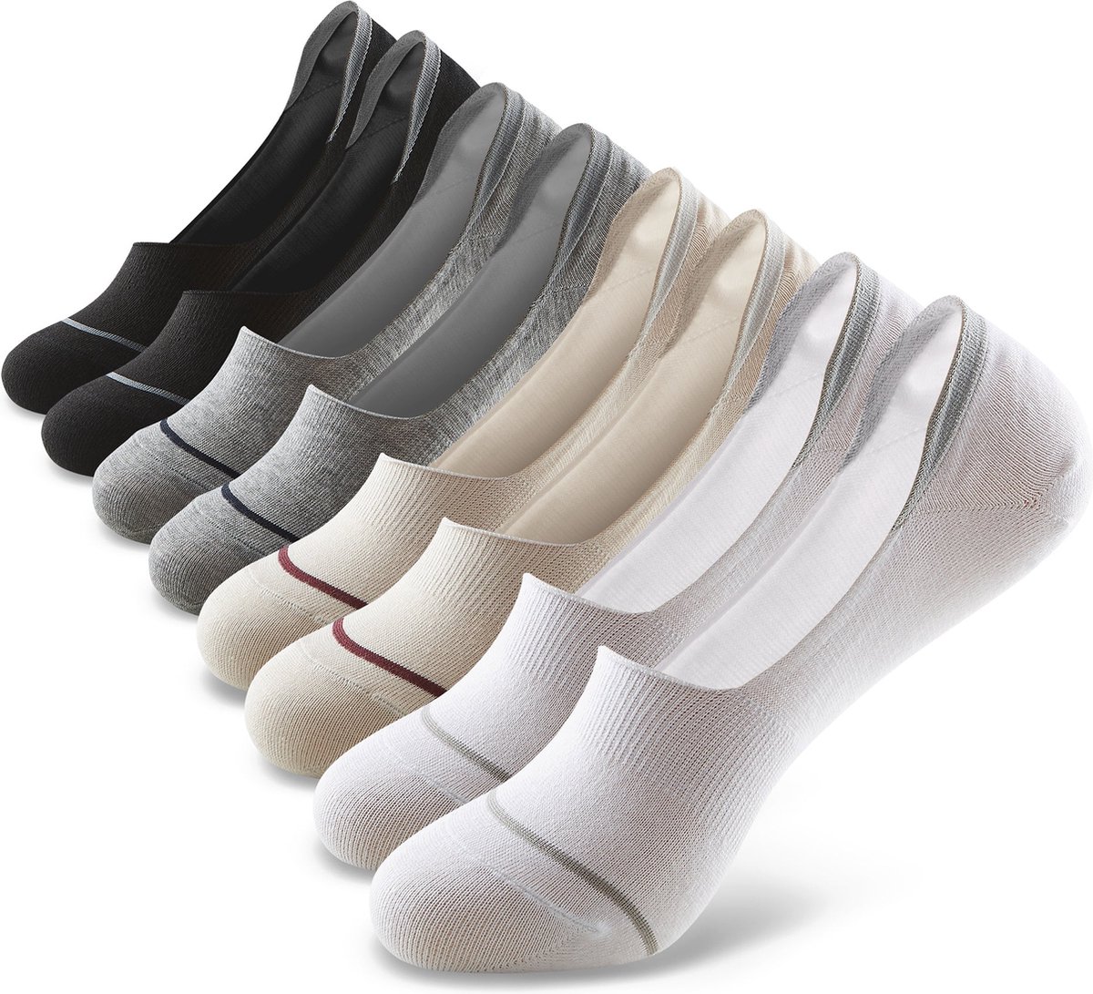 Monfoot - Onzichtbare Lage Sokken met Siliconen Grip in Meerdere Kleuren - Heren, Dames, Unisex - 8 Paar - Wit/Zwart/Beige/Grijs - Elastisch en Ademend