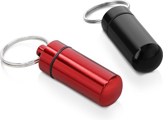 Porte-clés pour pilulier kwmobile 2 en noir / rouge - Boîte à médicaments pratique pour les déplacements - Pilulier en aluminium avec bouchon à vis