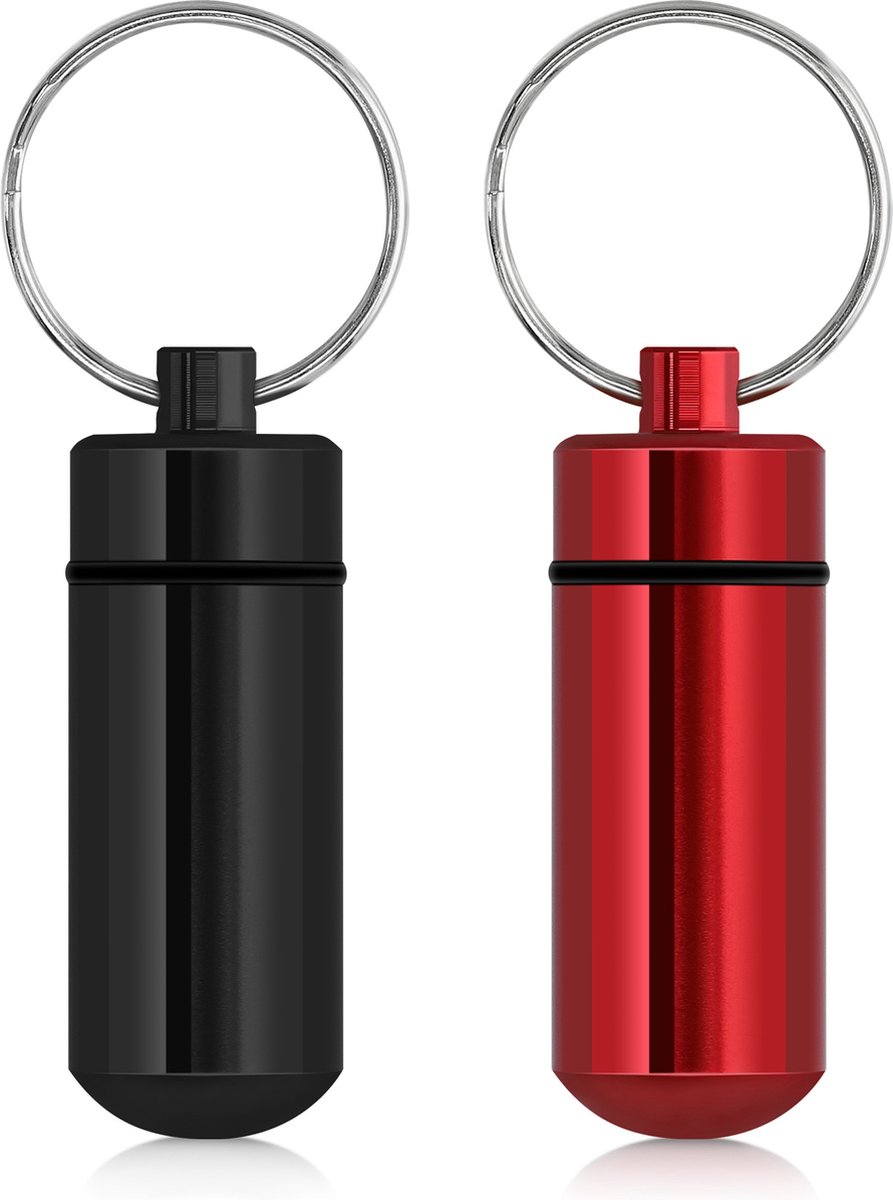 kwmobile 2 pillendoosje sleutelhanger in zwart / rood - Handig medicijndoosje voor onderweg - Pillendoosje alluminium met schroefdop