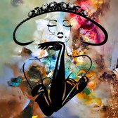JJ-Art (Canvas) | Vrouw met hoed - Abstract - Geschilderde olieverf look, woonkamer - slaapkamer | handschoenen, gezicht, bloemen, vierkant, modern | Foto-Schilderij print (wanddec