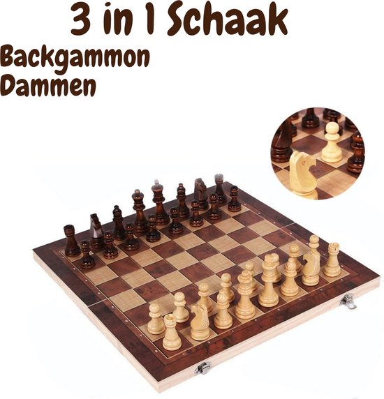 Thumbnail van een extra afbeelding van het spel 3 in 1 Houten Schaakspel met Houten Schaakstukken. Opvouwbaar Schaakbord, Dambord en Backgammon in 1.