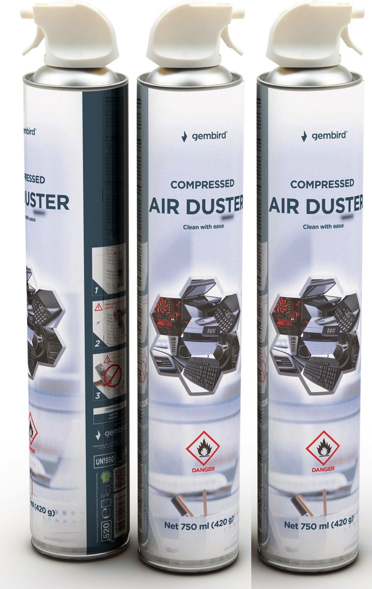 Gembird 3 x 750ML Spuitbus Met Perslucht XL- Airduster Spray - Compressed Air - Air Duster - Spuitbus - Drijfgas - Voordeelverpakking 3 Stuks