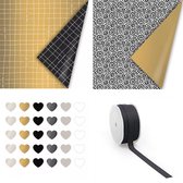 Luxe Inpakpapier Zwart & Goud (30x200cm) - 12-delige Inpakset - Dubbelzijdig bedrukt - Met cadeaustickers, lint en labels