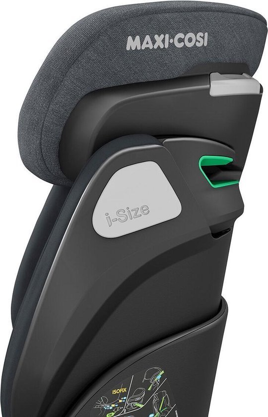 Zij-aanzicht van het donkergrijze Maxi-Cosi Kore i-Size autostoeltje, met focus op de zijkant en Isofix-indicator.