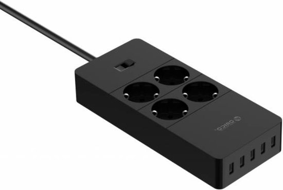 Hoekstopcontact met 2 USB C en 2 USB A, 6-voudige stekkerdoos, afzonderlijk schakelbaar, 4000 W, 16 A, wandmontage, 2 m kabel, zwart, meervoudige stekkerdoos voor keuken en bureau