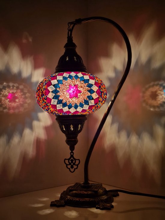 Lampe De Table Mosaïque Orientale Fait Main - Modèle Arc, Hauteur 42 Cm, Verres Colorés, Ampoule E14 Incluse