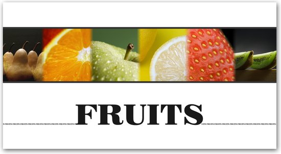 Dibond - Cuisine / Alimentation / Fruit - Collage / Fruits en blanc / noir / rouge / jaune / bleu - 40 x 80 cm.