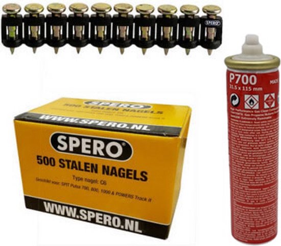 15mm extra hard - 500 stalen spijkers - nagels & gasbus t.b.v. Spit Pulsa 700 - Beton spijkers - SPERO