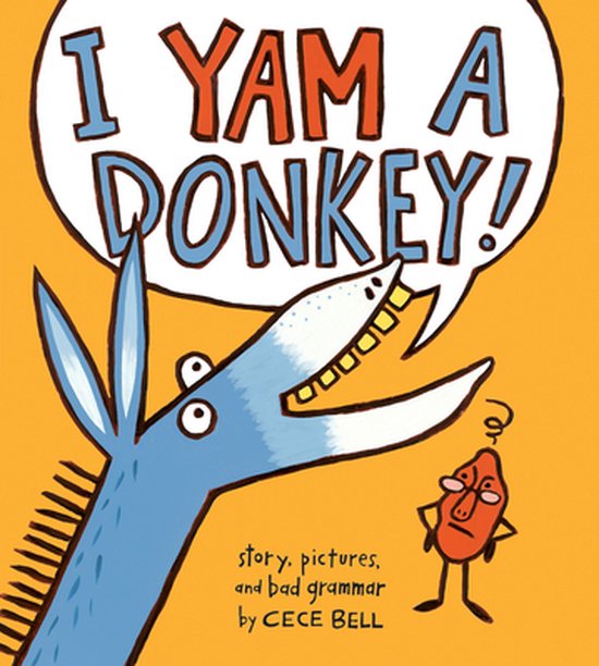Boekomslag 'I Yam a Donkey!' met een blauwe ezel die 'I YAM A DONKEY!' zegt. Rechtsonder een pruim.