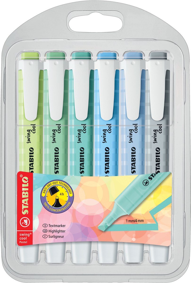 STABILO Swing cool Pastel IN KOUDE KLEUREN - Markeerstift - Etui Met 6 Pastel Kleuren