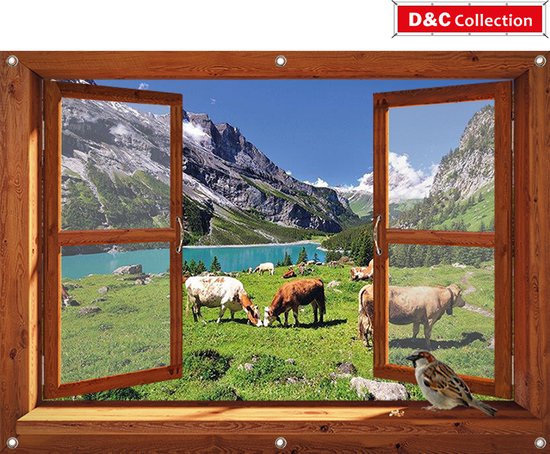 D&C Collection - tuinposter - 130x95 cm - doorkijk - bruin venster - luxe uitvoering - bergwei met koeien en mus - tuin decoratie - tuinposters buiten - schuttingposter - tuindoek