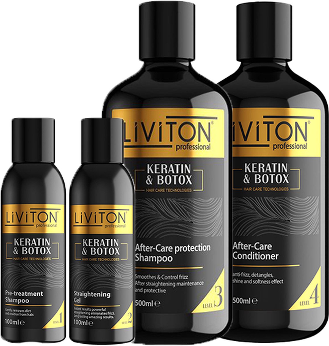 Liviton Keratine & Botox No.1 t/m 4 - Keratine Behandel Set 2x 100 ml - Keratine Shampoo 500 ml - Keratine Conditioner 500 ml