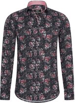 Heren overhemd Lange mouwen - MarshallDenim - bloemenprint zwart - Slim fit met stretch - maat L