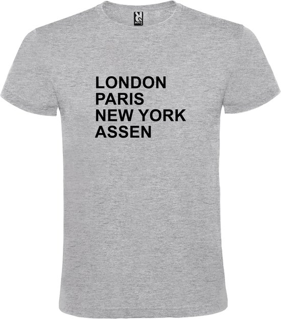 Grijs t-shirt met " London, Paris , New York, Assen " print Zwart size M