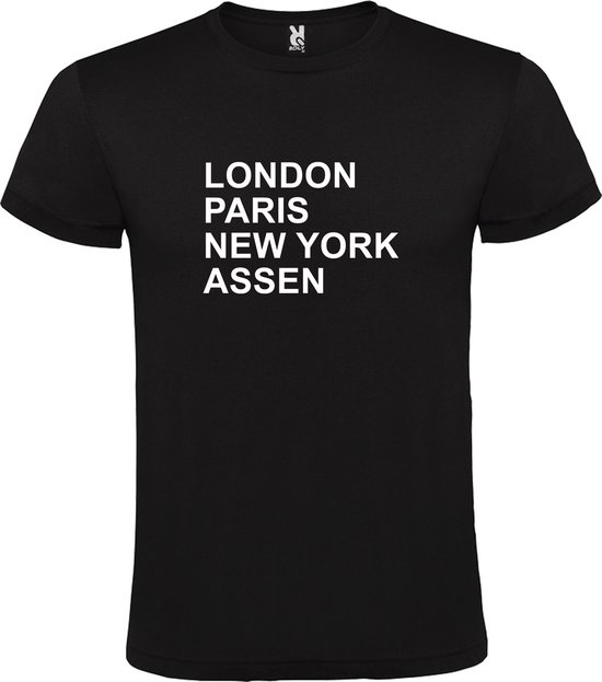 Zwart t-shirt met " London, Paris , New York, Assen " print Wit size XXXXL