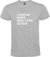 Grijs t-shirt met " London, Paris , New York, Gouda " print Wit size M