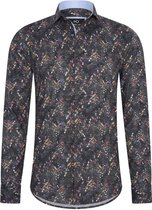 Heren overhemd Lange mouwen - MarshallDenim - bloemenprint Donker grijs - Slim fit met stretch - maat XL