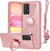 Glitter Case voor Samsung Galaxy  A52 - Bling Sparkly Telefoonhoesje - met 360° Rotatie Ring Houder en Koord- Kickstand - Zachte TPU - Siliconen - Shockproof - Beschermhoes - Rose