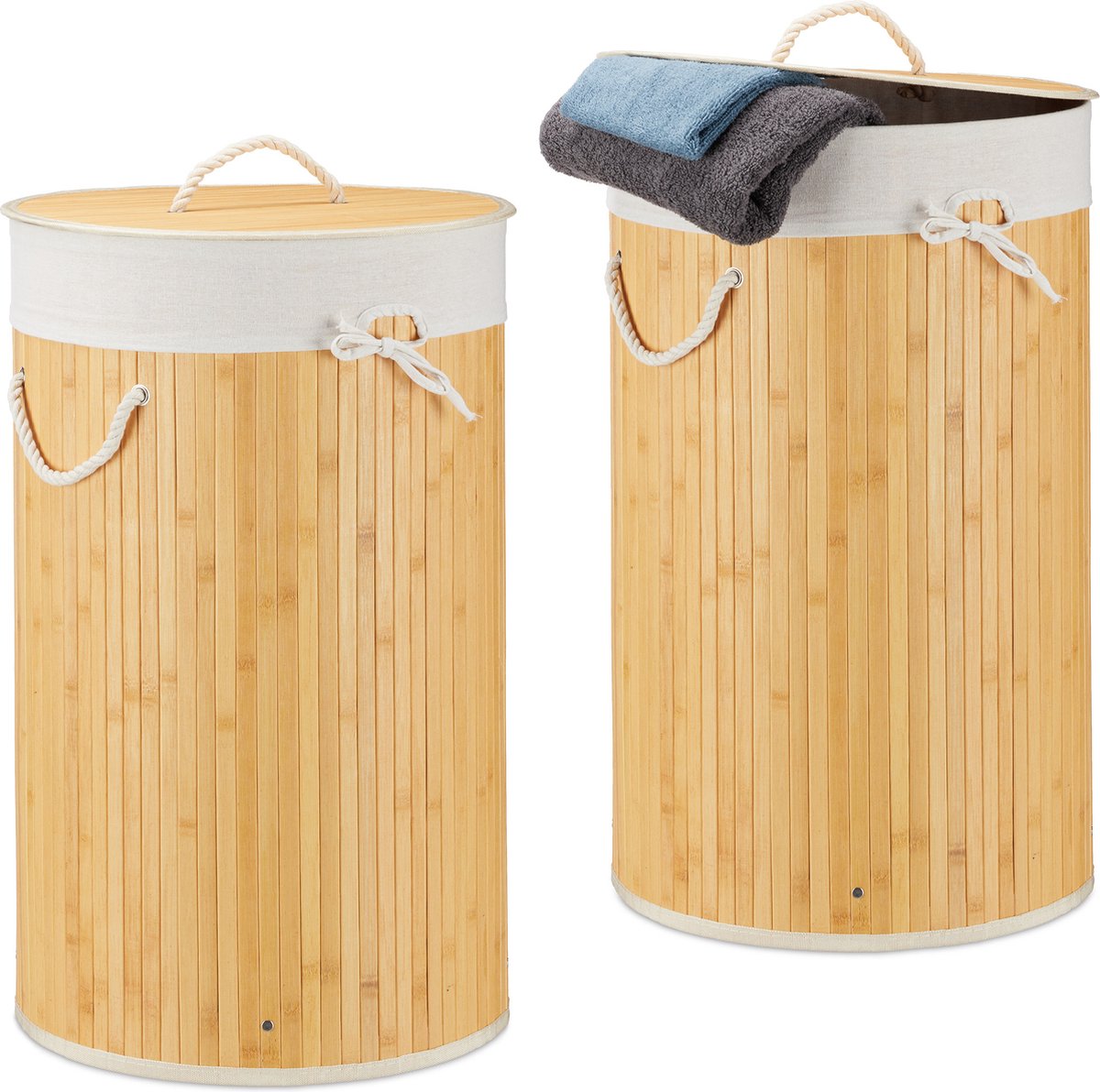 Relaxdays 2x wasmand bamboe - wasbox met deksel - 70 liter - rond - 65 x 41 cm - crème