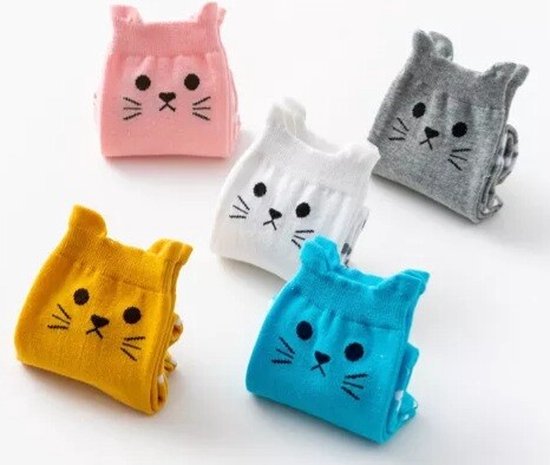 Kattenhebbedingen - Sokken met kattenoren - cat lover socks - Kat - Poes - 5paar - Diverse kleuren