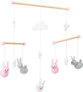 Houten baby mobiel - mobiel - baby - konijntjes - roze grijs en wit