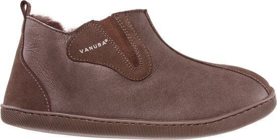Bruine leren Vanuba pantoffel met suède accenten en bont voering.