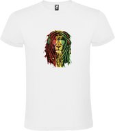 Wit T-shirt met Leeuw in Rasta kleuren met Dreadlocks en zonnebril size L