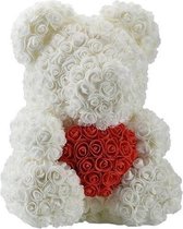 Rozen Beer Wit met Strik 30 cm | Rozen liefdes Teddybeer voor jou geliefde! Rose Bear Knuffelbeer gemaakt van roosjes – I Love You beer met hartje – Valentijnsdag Cadeau | Rozenbee