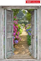 D&C Collection - tuinposter - 95x130 cm - doorkijk - Openslaande deuren - luxe uitvoering - Uitzicht hortensia tuin bloemen en vlinders - tuindoek - tuin decoratie - tuinposters buiten - schuttingposter