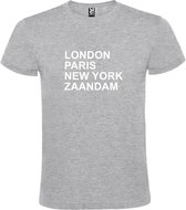 Grijs t-shirt met " London, Paris , New York, Zaandam " print Wit size M