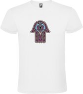 Wit T-shirt met Hamsa Hand in Paars, Aqua en Beige kleuren size XL