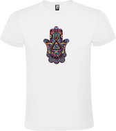 Wit T-shirt met Hamsa Hand in Blauw, Groen, Geel en Paarse kleuren size M