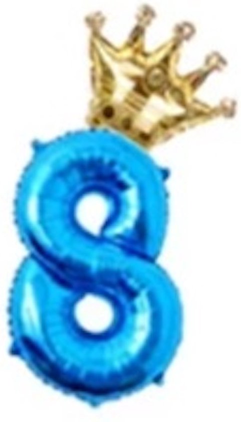 Folieballon Cijfer 8 Jaar MEGA Blauw met Gouden Kroon - 81 CM voor Helium Gas of Lucht - Verjaardag - Feestje