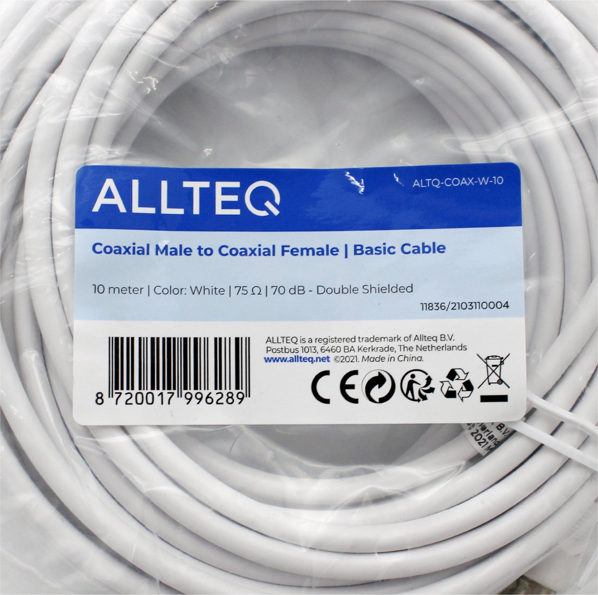 Premium Coax Kabel - Dubbel afgeschermd - IEC Coax Kabel voor TV - Wit - 20 meter - Allteq