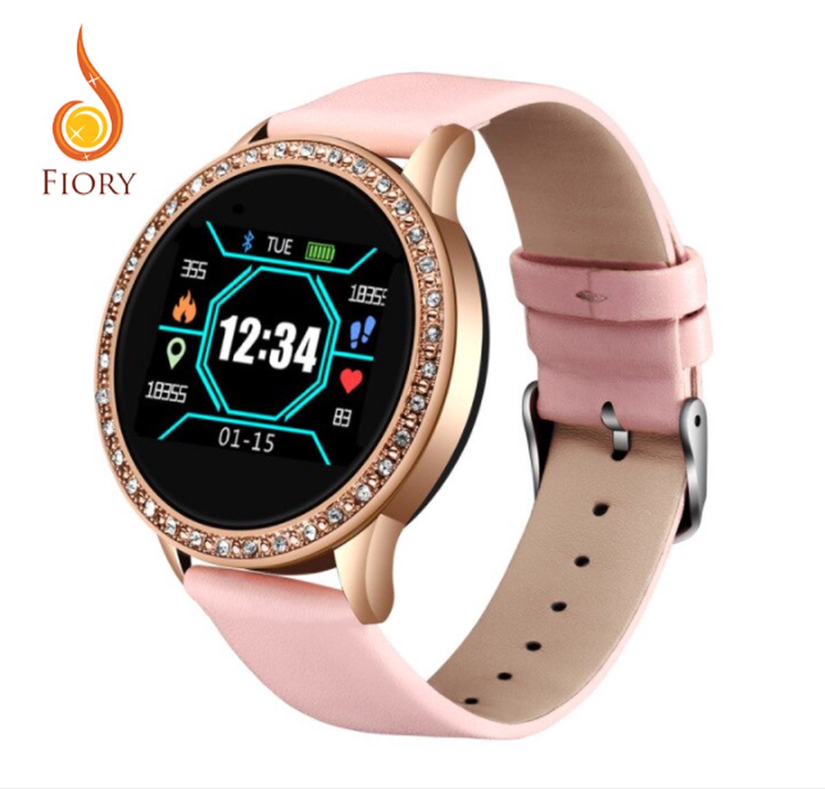 Fiory BW0079 Smart Horloge roze| | Bluetooth horloge goud | Sporthorloge| Stappenteller| Bloeddruk en hartslag| calorieenmeter| foto's maken| melding berichten en telefoons| roze